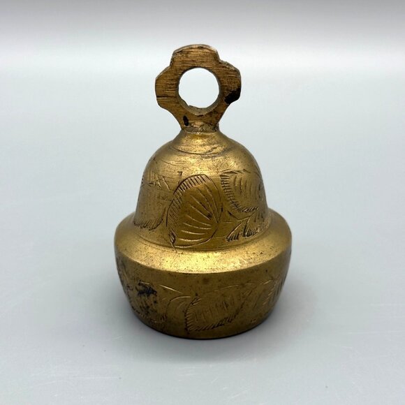 Vintage Solid Brass Small Bell Etched Leaf Engraving Service Meditation Ornate - Picture 1 of 7